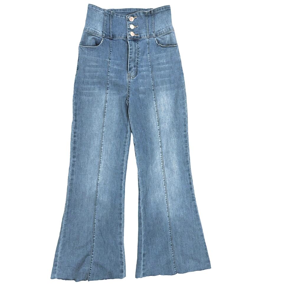 Flying Tomato Retro High Wide Waist 3 button Flare Jeans Raw Edge hem Light Wash